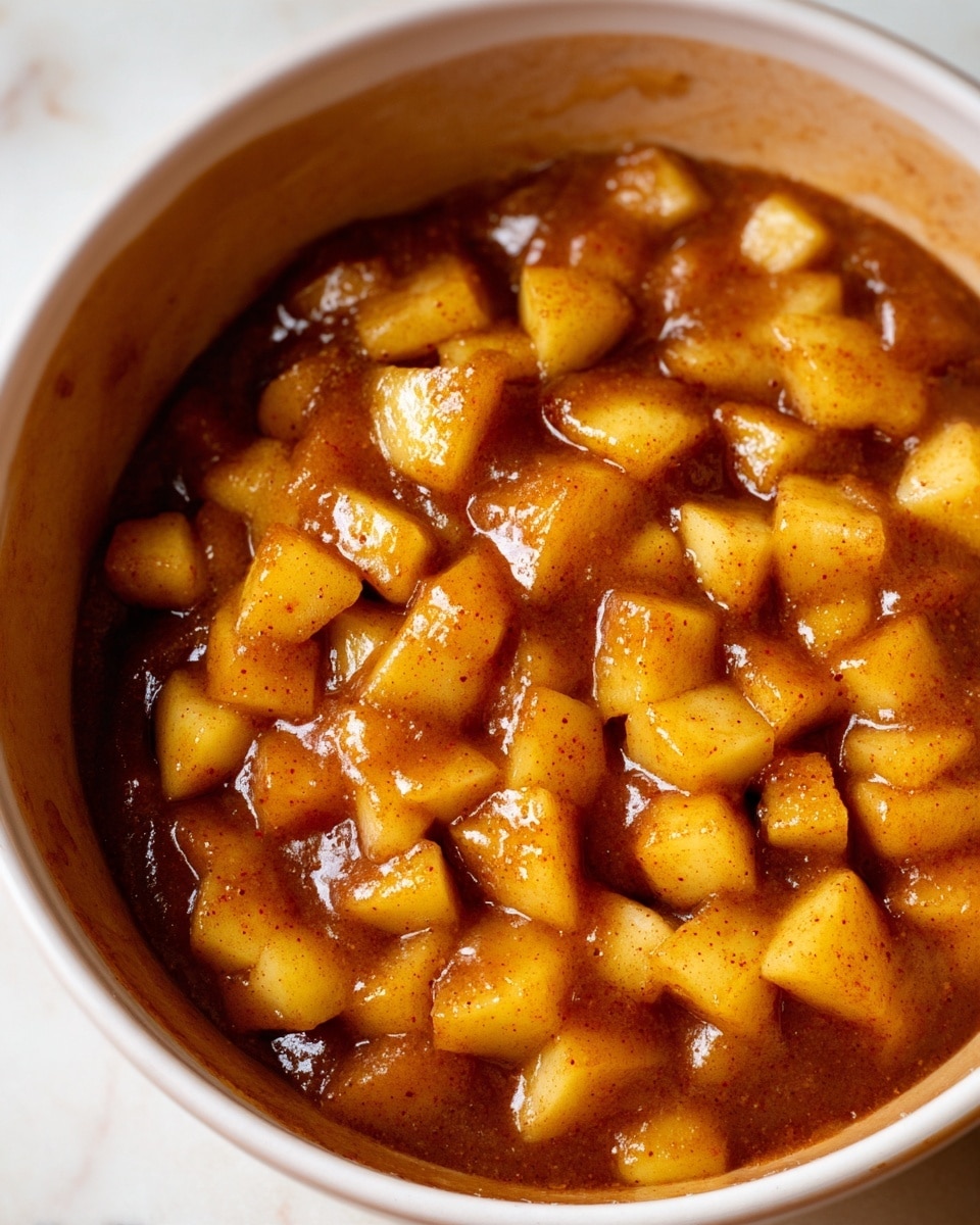 A close-up view of small diced yellow apple pieces mixed with a thick, shiny brown sauce inside a white bowl, showing sticky textures and specks of cinnamon on the apples, all set against a white marbled surface photo taken with an iphone --ar 4:5 --v 7