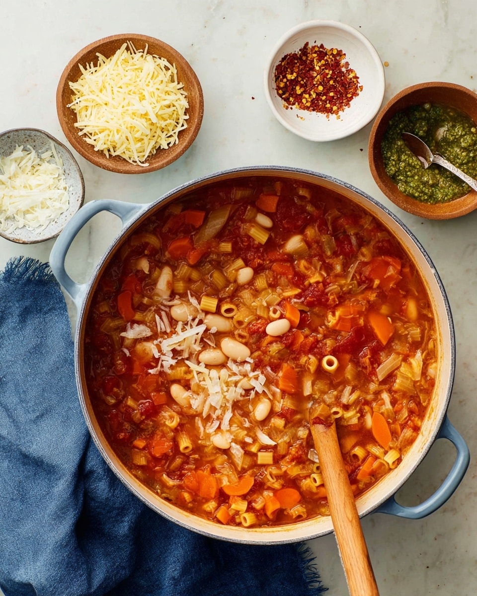 A large pot filled with a chunky tomato-based soup showing small pasta tubes, white beans, grated cabbage, and diced carrots floating in a red broth, a wooden spoon stirring on the right side; above the pot, three small round wooden and white bowls hold dry pasta, shredded white cheese, crushed red pepper flakes, and green pesto sauce with a small spoon inside the pesto bowl, all placed on a white marbled surface with a blue cloth napkin loosely folded next to the pot, photo taken with an iphone --ar 4:5 --v 7