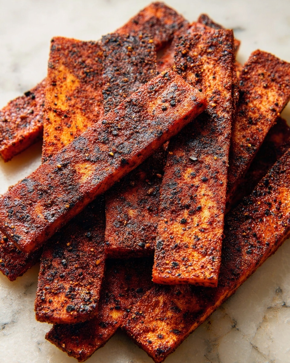 The image shows several rectangular strips of crispy cooked tofu stacked and overlapping each other on a white marbled surface. Each strip is covered evenly with a dark reddish-brown spice coating that creates a textured, slightly charred look with visible small black and dark brown specks. The tofu strips have a varied color tone from deep brown to lighter orange-brown, showing a contrast in the spice and cooking level. The surface underneath is smooth and lightly reflective, enhancing the vibrant spice colors. photo taken with an iphone --ar 4:5 --v 7