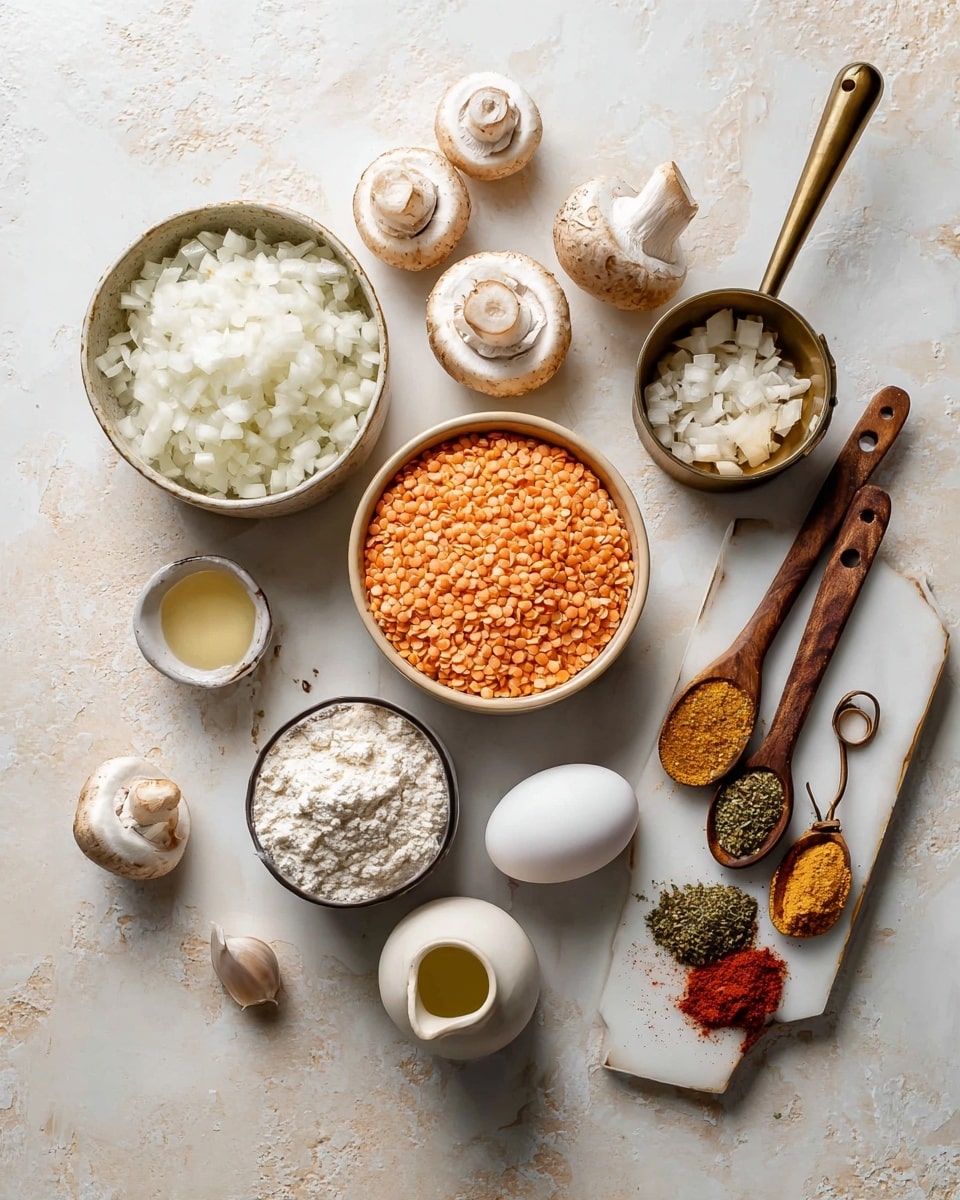 A top view of cooking ingredients on a white marbled surface showing a white bowl filled with chopped white onions at the bottom left, a beige bowl with orange split lentils at the top center, and a small measuring cup with chopped mushrooms at the top right. Two whole white mushrooms are placed nearby. Next to the onion bowl, a brass measuring cup holds fine white flour powder and two garlic cloves rest beside it. An egg lies below the lentils and beside a small white cup containing salt and pepper. To the right of the egg, there is a small white jug with yellow oil. Three wooden spoons filled with different spices, including green herbs, yellow powder, and red powder, are arranged at the bottom right on a white marble board with a tan string tie. Photo taken with an iphone --ar 4:5 --v 7