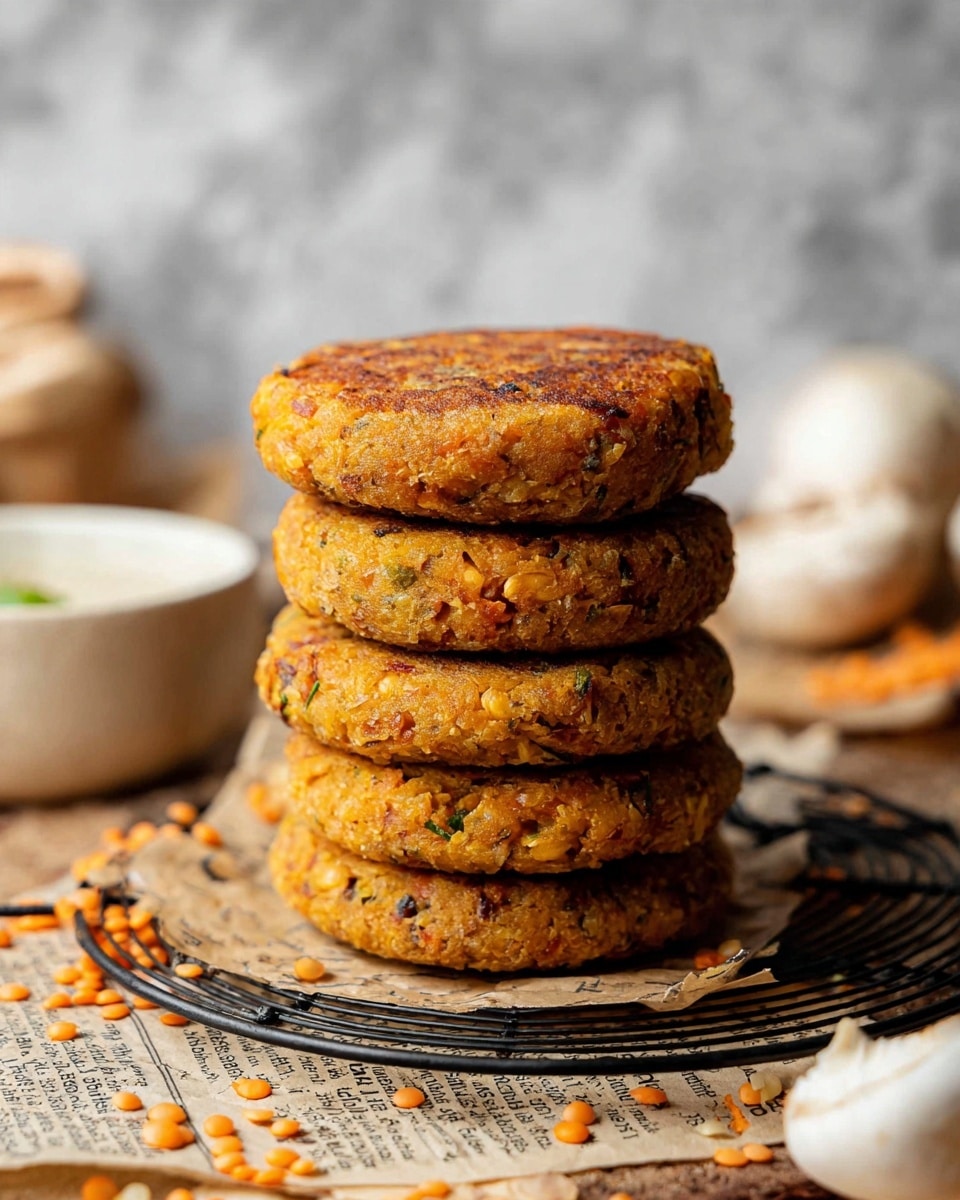 A stack of five round, thick patties with a golden brown, slightly crispy outer layer sits on a black wire rack over a piece of newspaper with some scattered lentils. The patties have a textured surface with small bits of herbs and ingredients visible, showing a mix of light brown and orange colors with green specks. In the background, there is a white bowl filled with a light-colored sauce and a white marbled texture surface, along with a mushroom and a white container on the left side partially out of focus. Photo taken with an iphone --ar 4:5 --v 7