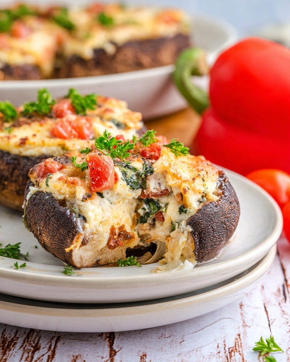 This image shows stuffed portobello mushrooms with three layers. The bottom layer is the large, dark brown mushroom cap with a wrinkled texture. On top of that is a creamy, melted cheese layer mixed with small pieces of vegetables that add orange, red, and green colors. The top layer has fresh diced tomatoes and chopped green herbs sprinkled over the cheese filling. The mushrooms are placed on light brown parchment paper with some green herbs scattered around, all set on a white marbled surface. photo taken with an iphone --ar 4:5 --v 7