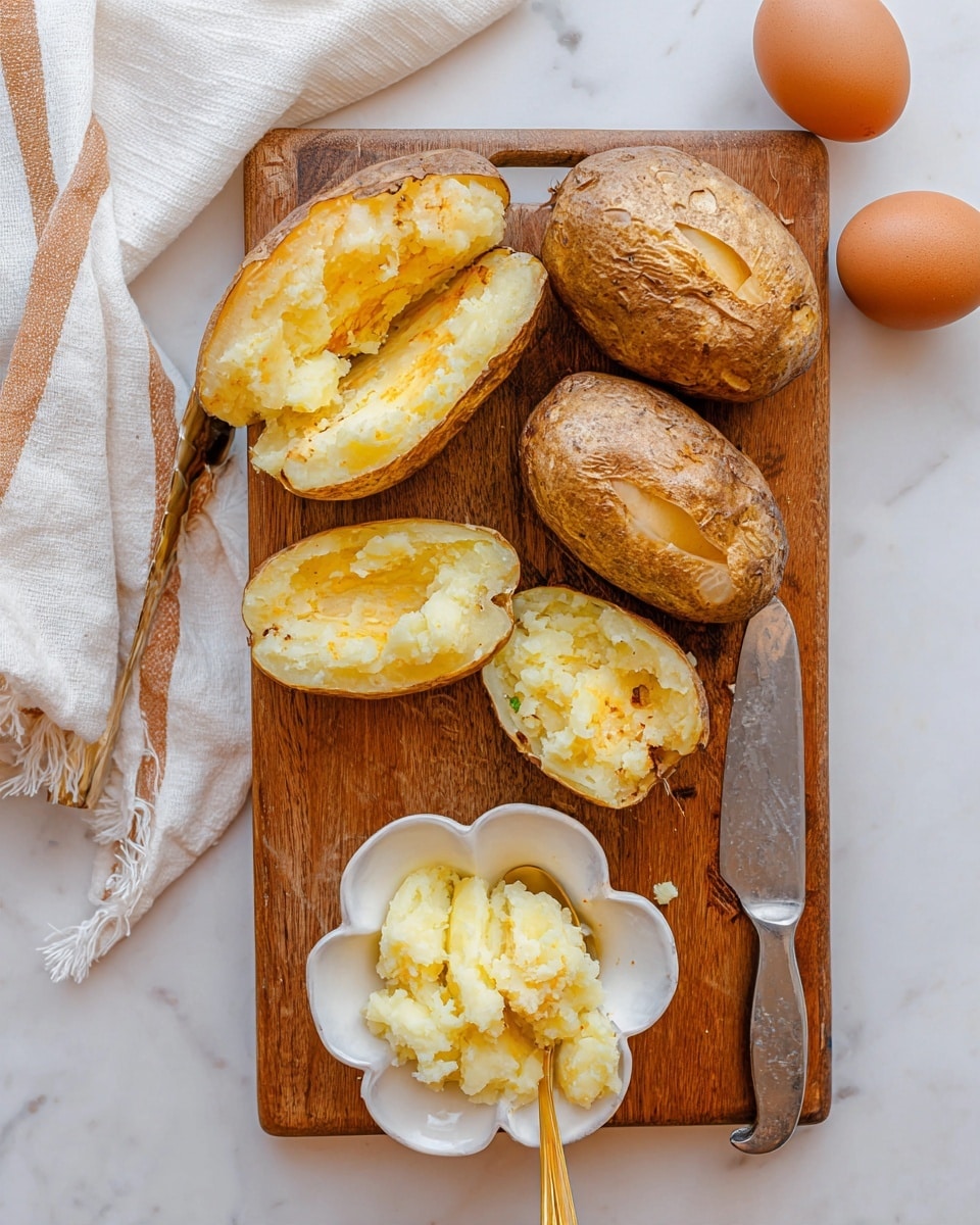 A wooden cutting board holds several baked potatoes, with their skins browned and slightly wrinkled. One large potato is split open and the soft, fluffy yellow inside is being scooped out with a golden spoon. Three smaller whole baked potatoes sit on the board, all with a slit down the middle showing a bit of the soft potato inside. Below the board, there is a white flower-shaped bowl filled with mashed potato chunks, also being scooped by a golden fork. The scene is set on a white marbled surface, with a brown egg positioned near the top right corner, a white kitchen towel with beige stripes near the top left, and part of a metal utensil visible on the bottom right. photo taken with an iphone --ar 4:5 --v 7