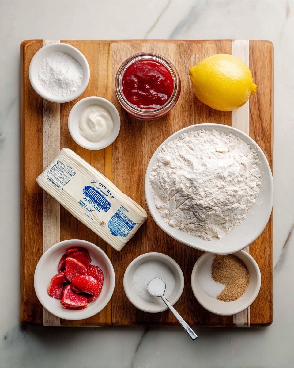 A wooden board is placed on a white marbled surface holding several ingredients arranged neatly. On the top right side, there is a large white bowl filled with a mound of white flour with small brown specks on the bowl's edges. Beside it, on the top left, there is a small white bowl containing white powder, a jar filled with red jam underneath it, and a whole bright yellow lemon in the center. Below the lemon, a rectangular package of white cream cheese with blue and white labeling is set horizontally. In the bottom row, from left to right, a small white bowl with slices of dried red strawberries, a small white bowl with white creamy substance, and another small white bowl filled with light brown sugar. A small silver measuring spoon lies horizontally between the bowls and the package. photo taken with an iphone --ar 4:5 --v 7