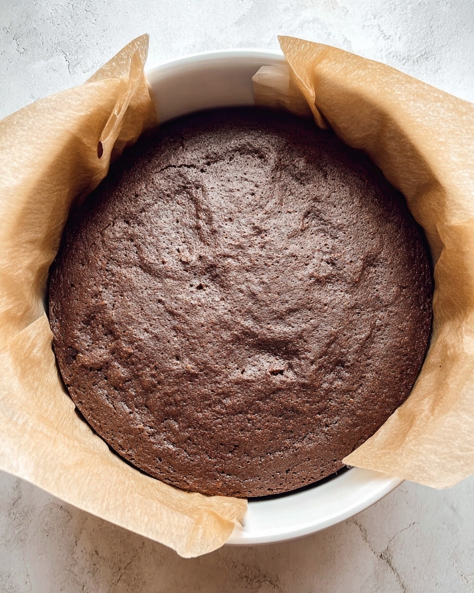 A round, single-layer chocolate cake with a rough, cracked surface rests in a white round baking pan lined with light brown parchment paper that folds upward around the edges. The cake is a deep brown color with a textured top that shows small air pockets and subtle variations in shade. The pan is placed on a white marbled surface which adds a clean and bright background to the image. photo taken with an iphone --ar 4:5 --v 7
