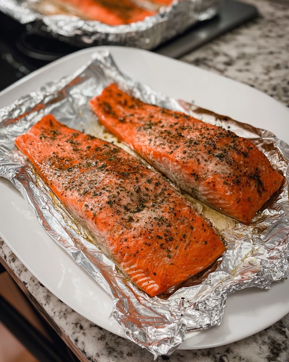 Two large cooked salmon fillets with a shiny orange color and visible texture sit on opened foil pieces. The fillets are topped with light seasoning of black pepper and herbs, and slight glistening spots of melted fat. Both fillets rest on a white square plate placed on a white marbled countertop, with a small part of an oven stovetop and another foil-covered dish visible in the background. Photo taken with an iphone --ar 4:5 --v 7