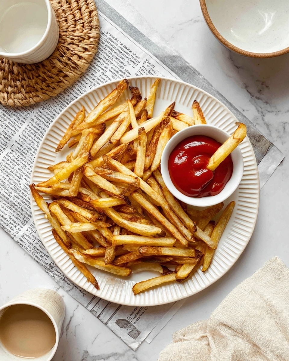 A white plate with ridged edges holds a single layer of golden brown fries, unevenly cooked with some parts darker and crispier. On the right side of the plate, a small white round bowl filled with red ketchup sits on top of the fries, one fry is dipped in the ketchup. The plate rests on a piece of newspaper on a white marbled surface. Nearby, there is a smaller white plate with a white cup on it, and a beige cup with white sauce in a woven coaster, with a cream-colored cloth napkin at the bottom right corner. photo taken with an iphone --ar 4:5 --v 7