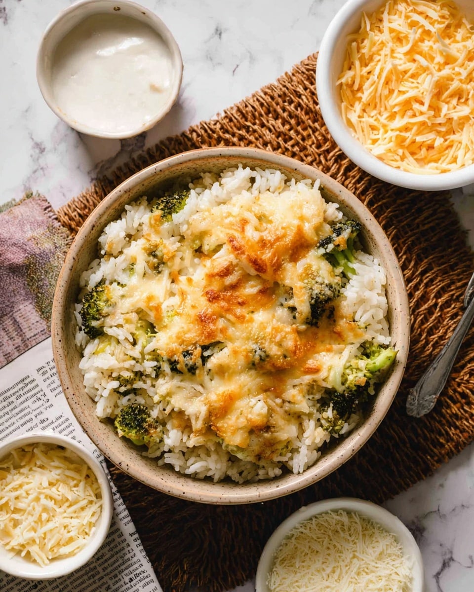 A close-up shot shows a bowl with a baked rice dish that has two main layers: the bottom layer is soft white rice mixed with green broccoli pieces, and the top layer is golden-brown melted cheese that looks crispy and bubbly. Around the bowl are small white bowls with different ingredients: one has plain white sauce, another has shredded pale yellow cheese, and a third one with white breadcrumbs or cheese topping. The setup lies on a piece of newspaper and a brown woven mat atop a white marbled surface. photo taken with an iphone --ar 4:5 --v 7
