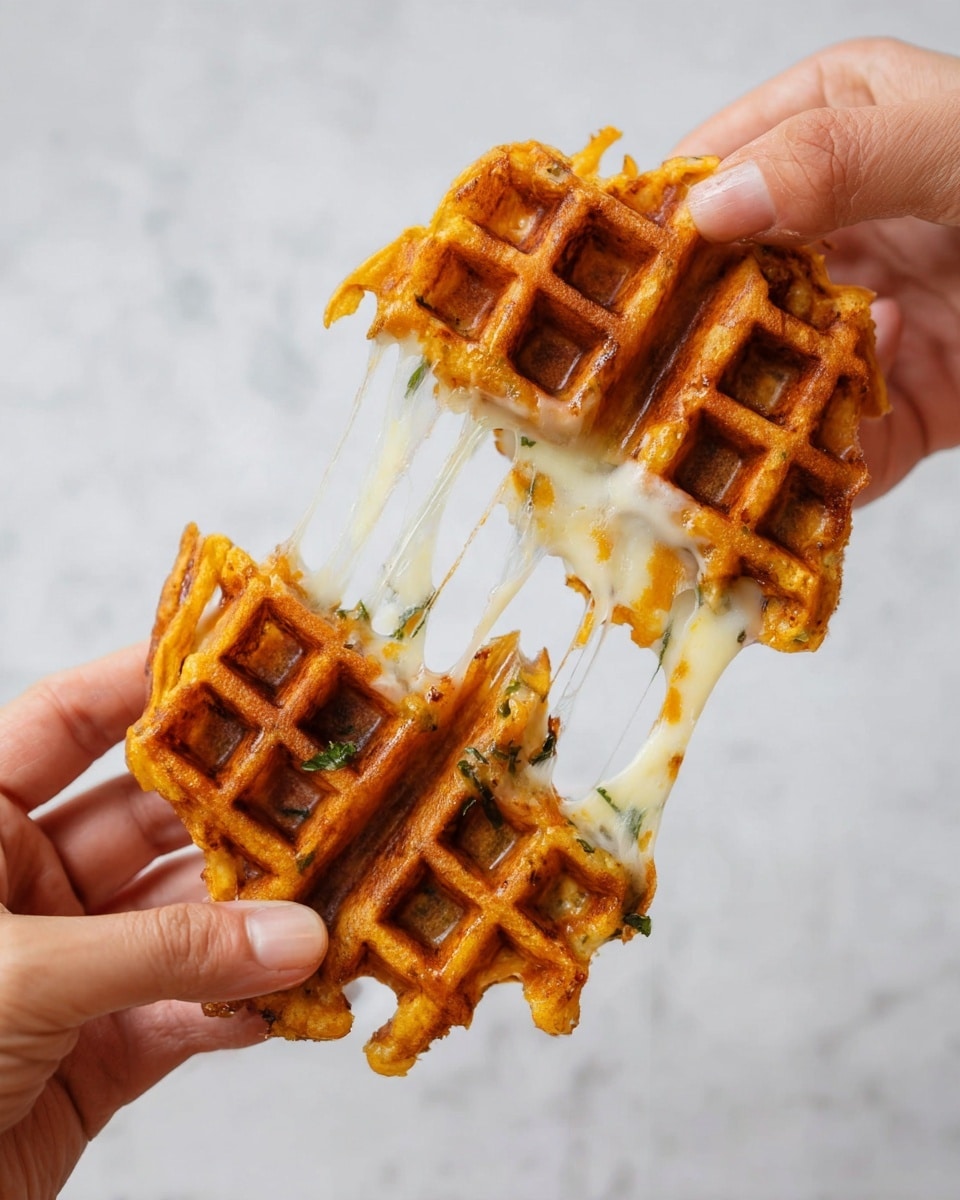 Two pieces of an orange-brown waffle with small green bits inside are being pulled apart by two woman's hands. Inside the waffles, thick white melted cheese stretches between the two pieces in long strands. The background is a soft white marbled texture, making the warm colors of the waffles and the shiny cheese stand out. photo taken with an iphone --ar 4:5 --v 7