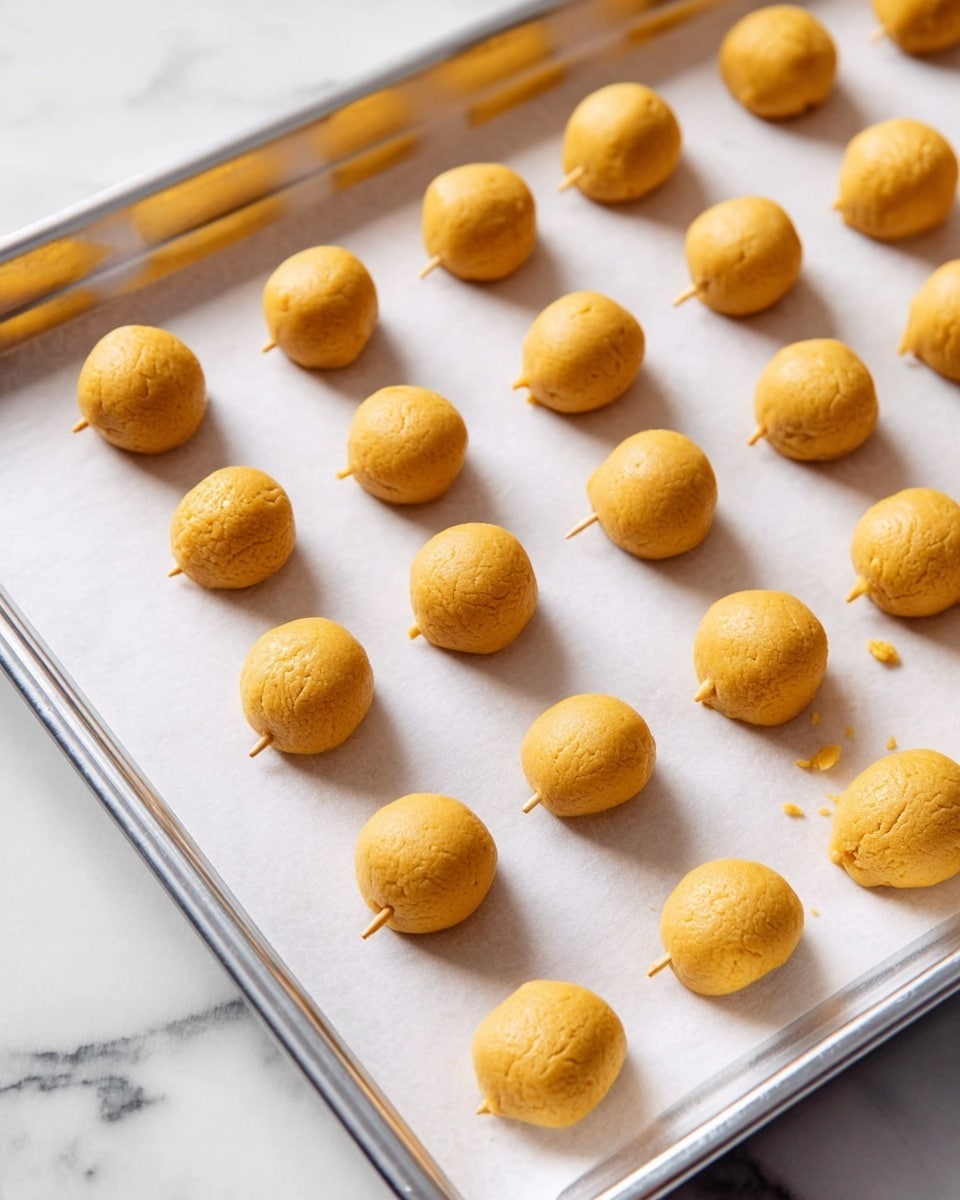 The image shows a silver baking tray lined with white parchment paper, holding 30 even balls of golden dough spaced evenly in a 5 by 6 grid. Each dough ball has a smooth surface with a few cracks and a wooden toothpick pushed into its center. The tray rests on a white marbled surface. In the lower right corner, two cracks appear on the edge of the parchment paper, revealing slightly crumbled dough balls near the tray's edge. photo taken with an iphone --ar 4:5 --v 7