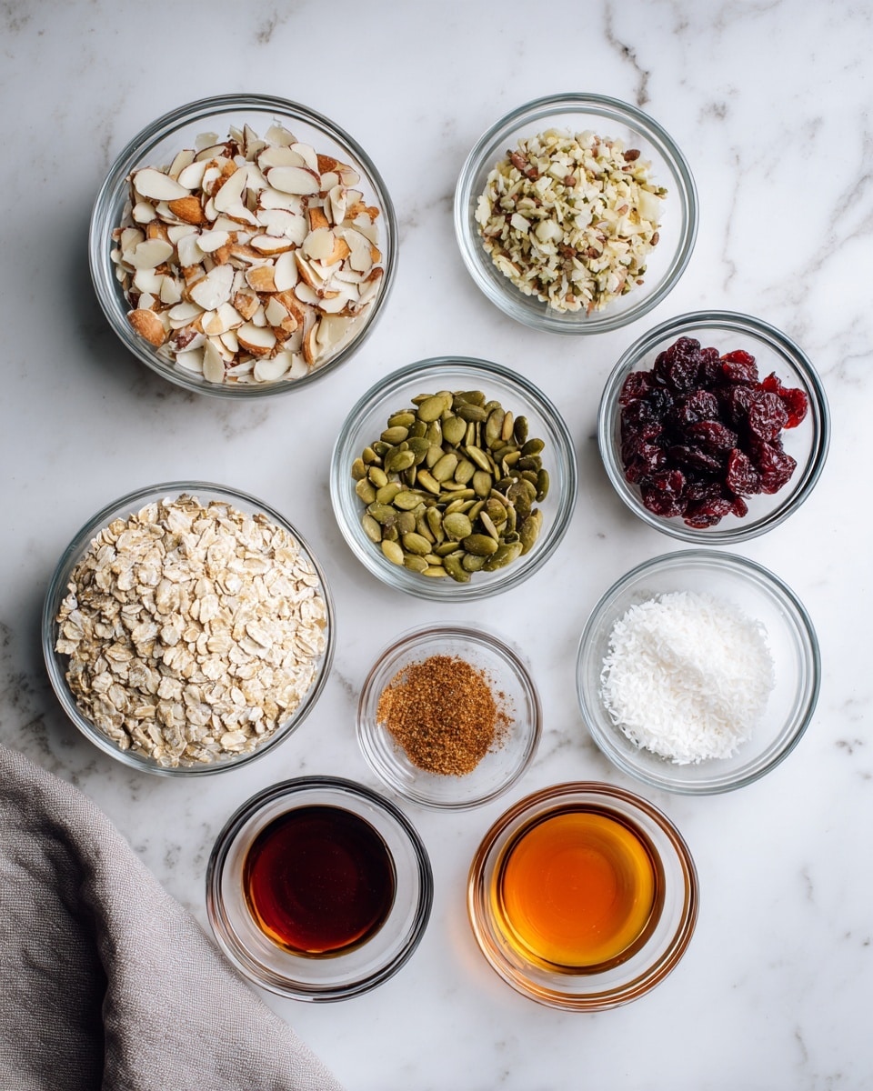 The image shows nine small clear glass bowls with different ingredients inside, arranged neatly on a white marbled surface. The largest bowl in the bottom left contains light beige gluten-free oats with a coarse texture. Above it, a medium bowl holds irregular pale brown and white slivered almonds. To the left, a smaller bowl has greenish-brown pepitas (pumpkin seeds), while the bowl to the right of the almonds contains dark red dried craisins with a wrinkled texture. Another small bowl near the top right holds white to off-white coconut flakes that look soft and thin. Below the coconut flakes, a very small bowl contains fine brown powder labeled salt and cinnamon mixed together. Near the center is a small bowl with dark amber vanilla extract, and below it is a similar bowl with a bright amber maple syrup. To the right of the maple syrup, an empty clear glass bowl is labeled coconut oil. A light gray towel is partly visible at the bottom left corner. photo taken with an iphone --ar 4:5 --v 7