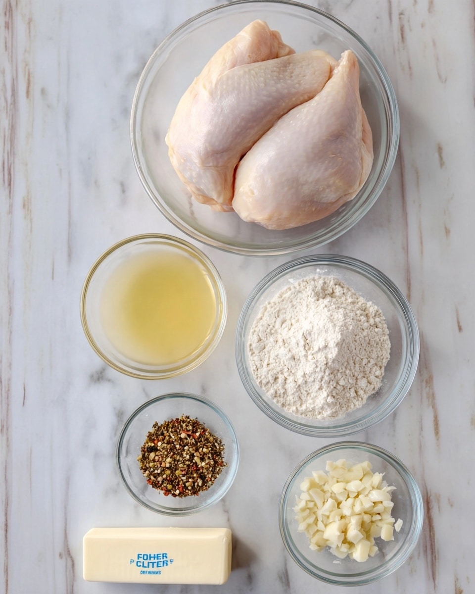 A clear glass bowl at the top holds two large, smooth pieces of raw chicken with a pale pink color. Below it are five smaller clear glass bowls arranged in two rows. The top row has two bowls: one with light yellow liquid, the other filled with white flour. The bottom row features two bowls: one with mixed dark and light coarse spices and the other with small chopped white garlic pieces. A white rectangular stick of butter with blue text is placed at the bottom center. All items rest on a white marbled surface. Photo taken with an iphone --ar 4:5 --v 7