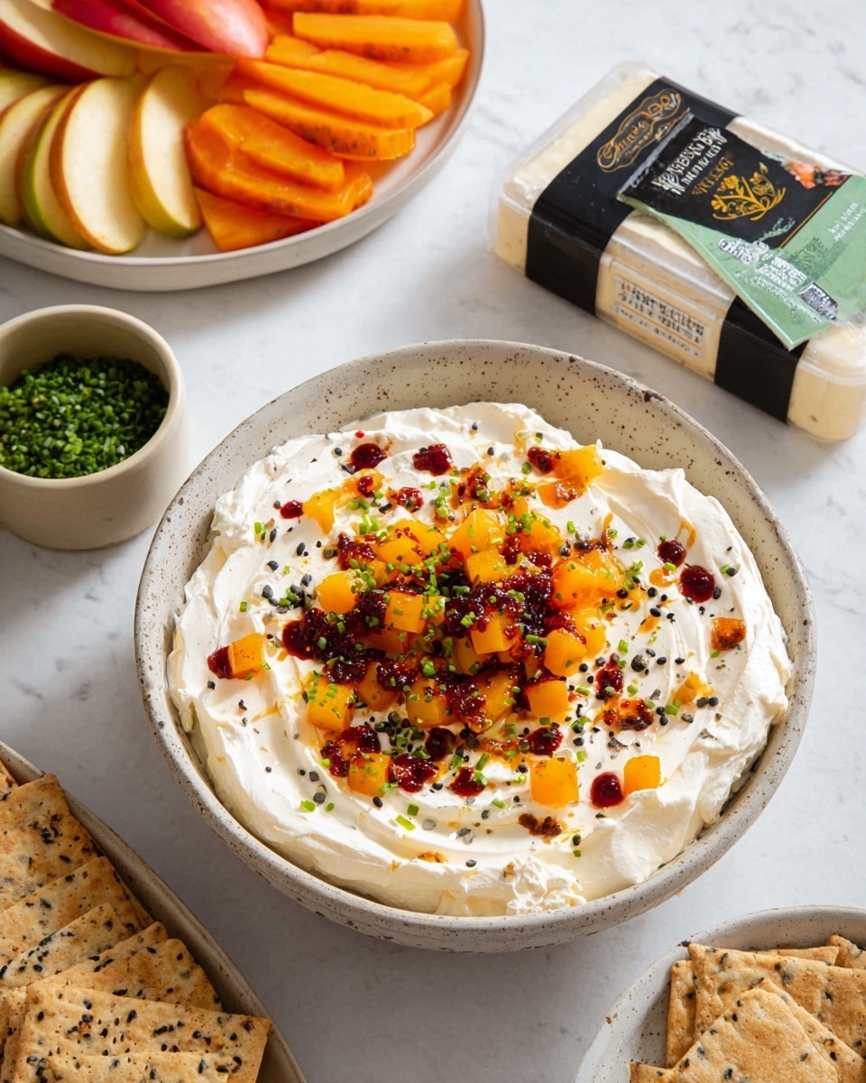 A deep white bowl holds a creamy, thick white spread layered evenly inside, with a few soft peaks and folds creating texture. On top, small, evenly diced pieces of orange and red fruits or vegetables form a colorful, scattered layer, mixed with small green sliced chives. Bright reddish dollops of sauce add a rich contrast spread in small clusters across the surface. Light brown and black sesame seeds are sprinkled over everything, adding tiny dots and texture. The bowl rests on a white marbled surface. photo taken with an iphone --ar 4:5 --v 7