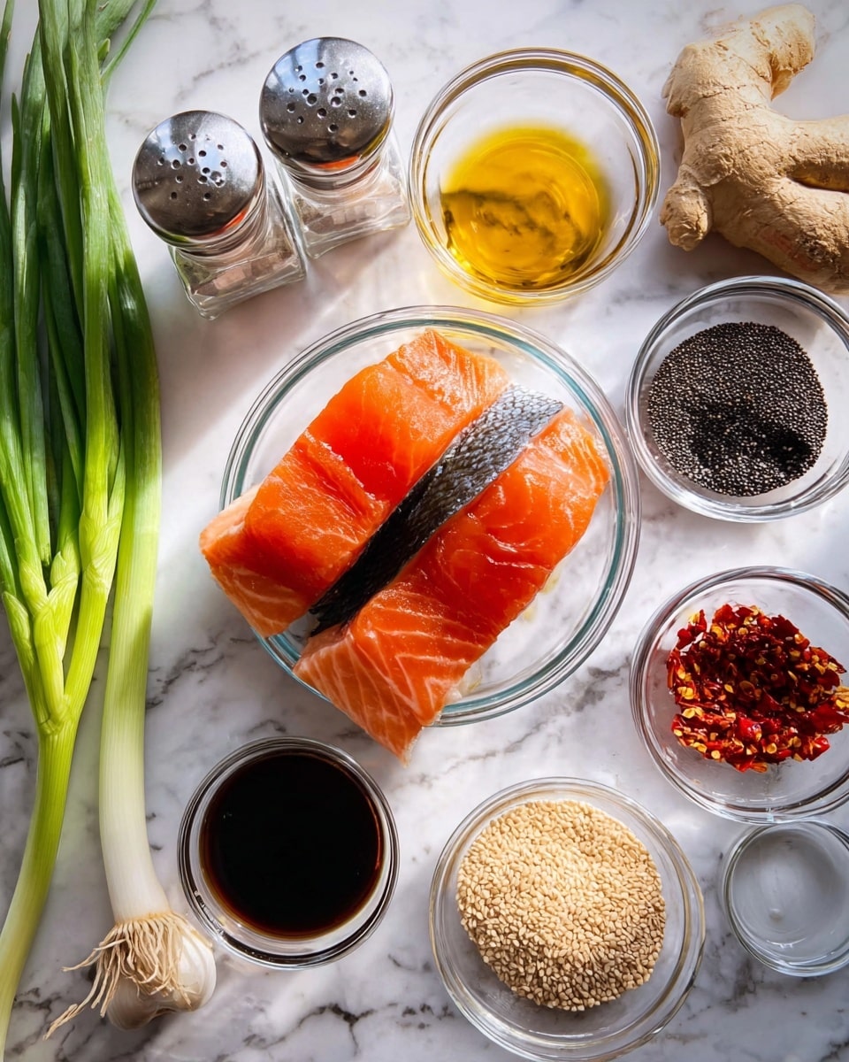 The image shows ingredients laid out on a white marbled surface, centered around a clear bowl holding three raw salmon fillets with smooth, orange-pink flesh and dark skin on one side. Around the bowl are small clear glass bowls with different ingredients: one holds oily golden liquid, another has dark soy sauce, a thick red paste, black sesame seeds, white sesame seeds, water, and red chili flakes. To the left are fresh green onions with long green stalks and white bulbs, a fresh ginger root with a light brown skin and knobby texture, and a single clove of garlic. Two small glass salt and pepper shakers are in the upper left corner. The lighting is bright, highlighting the fresh colors and textures of the ingredients. Photo taken with an iphone --ar 4:5 --v 7