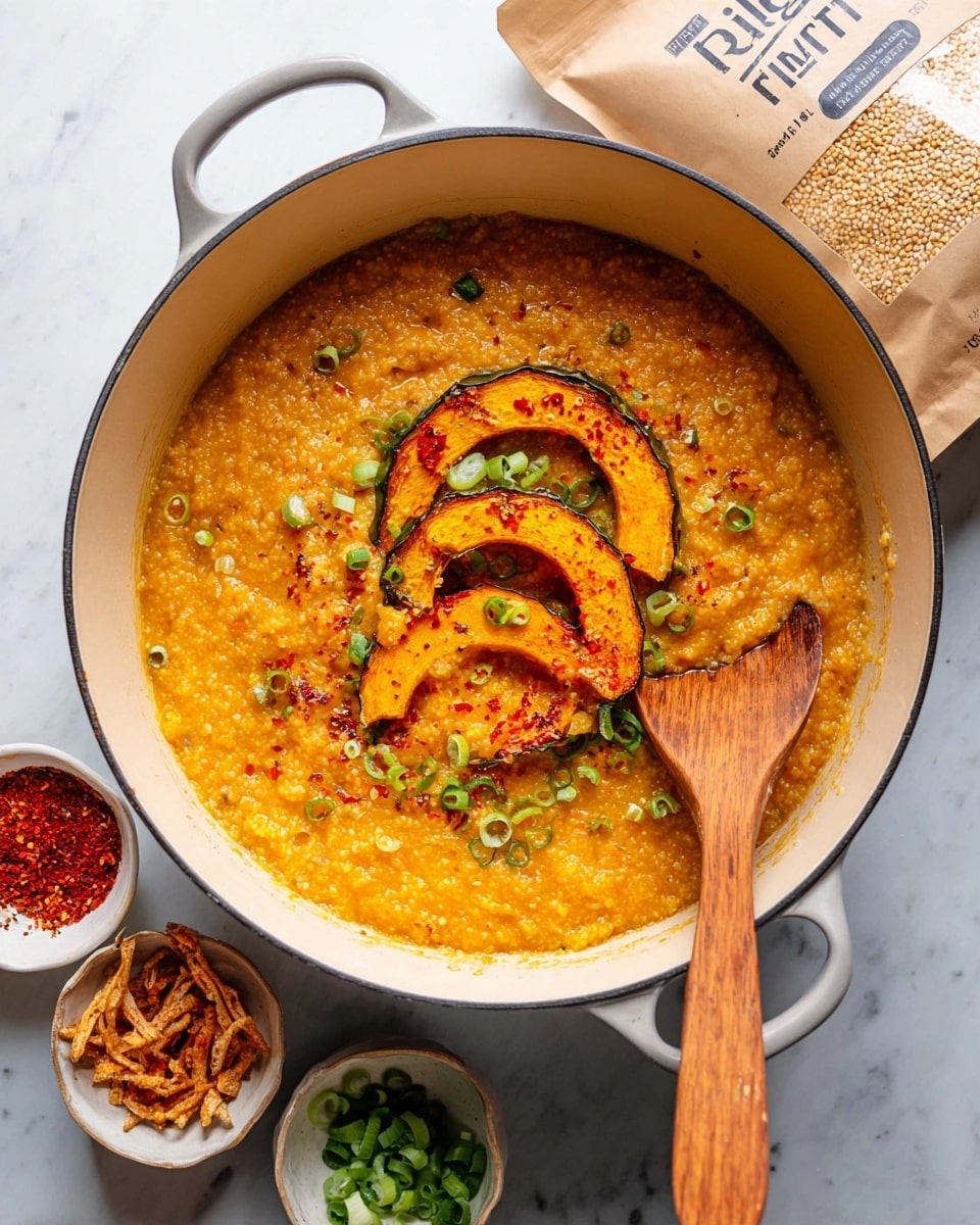 A large white pot filled with thick orange millet porridge topped with three semi-circle slices of roasted squash placed in the center, sprinkled with finely chopped green onions and a light dusting of red spices. A wooden spoon with a light brown handle rests in the pot on the right side, partially dipped in the porridge. Surrounding the pot on a white marbled surface are small white bowls with bright red spice, crispy fried onions, and chopped green onions. A beige paper bag of millet is partially visible in the upper left corner. Photo taken with an iphone --ar 4:5 --v 7