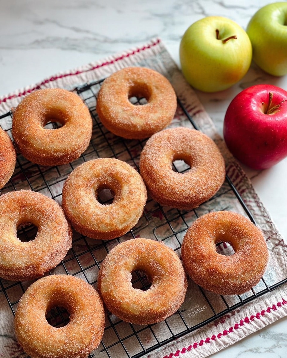 The image shows nine sugar-coated apple cinnamon donuts resting on a black cooling rack, each donut having a light golden-brown color with a slightly rough texture from the sugar coating, and a classic round shape with a hole in the center. Behind the donuts, there are two whole apples, one yellow-green and one red, placed on a white marbled surface. The donuts are arranged in a loose grid with some gaps in between, and a folded cloth with subtle red edges is partially visible under the cooling rack. The lighting is soft and natural, enhancing the warm tones of the donuts and apples. Photo taken with an iphone --ar 4:5 --v 7