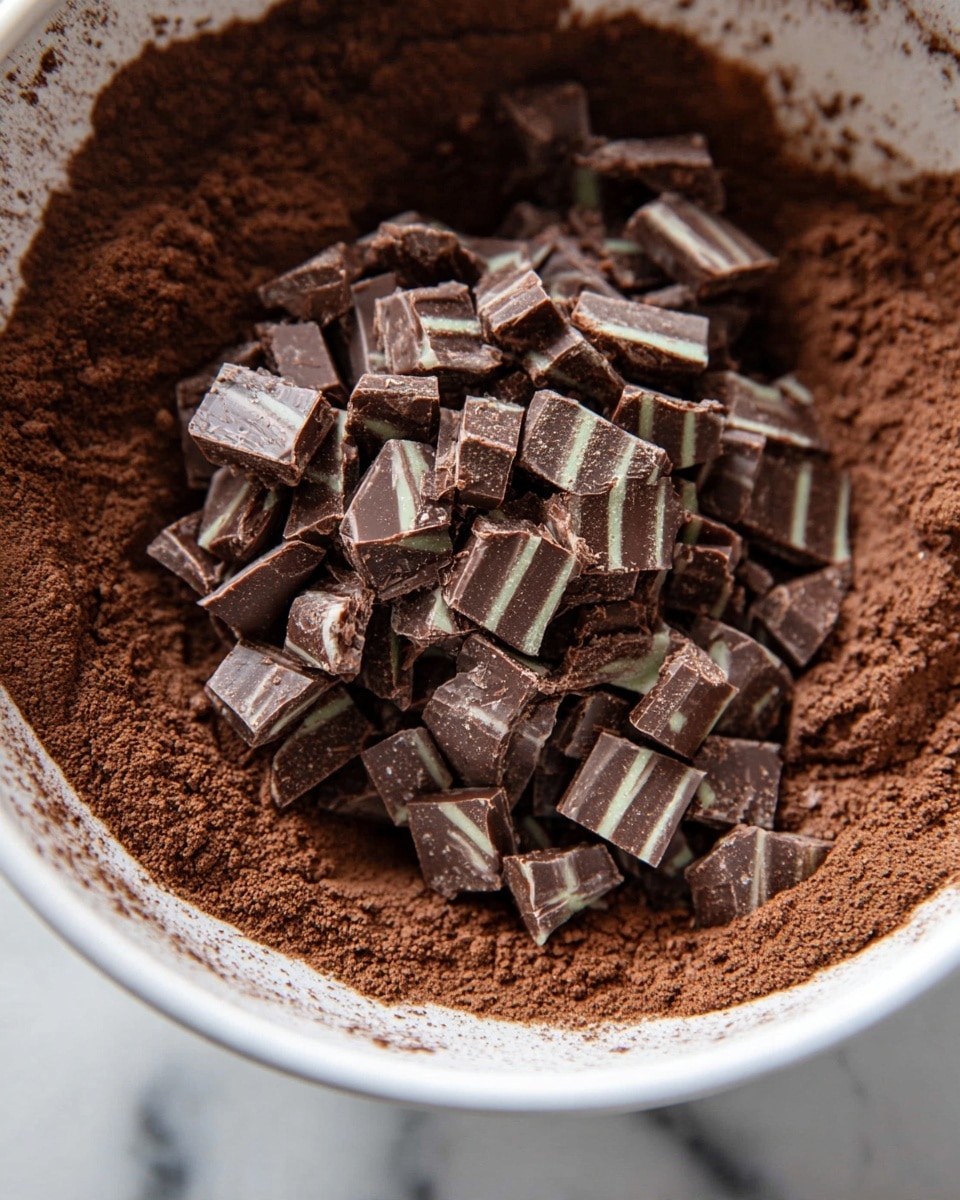 A close-up image showing a white bowl filled with a dark brown powder layer at the bottom, topped with a thick layer of small chocolate pieces that have a white stripe in the middle. The chocolate pieces are square and pile up in the middle, with some powder and chocolate residue scattered on the sides of the bowl. The background features a white marbled texture, creating a clean and bright contrast. photo taken with an iphone --ar 4:5 --v 7