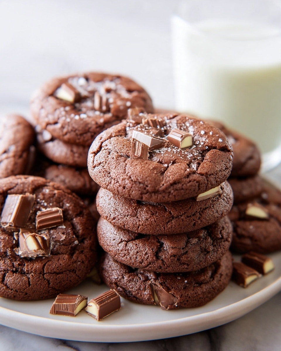 A pile of soft, round chocolate cookies with dark brown color and cracked surfaces sits stacked on a white plate, each cookie topped with pieces of layered white and milk chocolate chunks embedded in the center and scattered around. The texture looks moist and slightly rough, with a glass of white milk softly blurred in the background on a white marbled surface. photo taken with an iphone --ar 4:5 --v 7