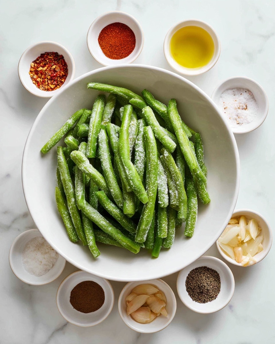 A white bowl filled with a pile of frozen green beans, light frost visible on their bright green surface, placed on a white marbled table. Around the bowl, seven small white cups hold various spices and ingredients: chili flakes (reddish-orange flakes), black pepper (coarse dark powder), salt (white grains), olive oil (golden liquid), dried garlic (light brown powder), dried onions (small golden flakes), and another cup with a brown powder. Each cup is spaced evenly around the bowl, creating a circular arrangement. The photo taken with an iphone --ar 4:5 --v 7