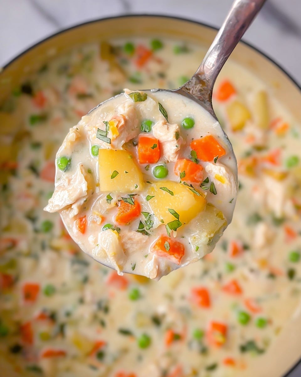 A close-up view of a thick soup spoon filled with a creamy mix of small orange carrot chunks, bright green peas, yellow potato cubes, white chicken pieces, and small green herb leaves, all suspended in a light creamy white broth. In the background, the same soup fills a pot with the ingredients mixed evenly, showing scattered peas, carrots, potatoes, chicken, and herbs. The whole scene is set against a white marbled surface. Photo taken with an iphone --ar 4:5 --v 7