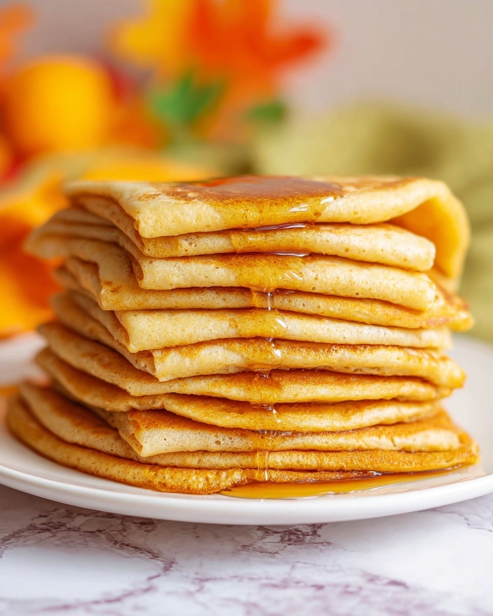 There is a stack of eight folded thin pancakes on a white plate, arranged neatly in layers. Each pancake is light golden brown with some variation in shade between layers, showing a smooth and slightly textured surface. Warm syrup drips down the sides of the stack, adding a shiny glaze to the edges and pooling slightly at the base. The background shows soft, blurred autumnal colors with hints of orange and green, resting on a white marbled texture. photo taken with an iphone --ar 4:5 --v 7