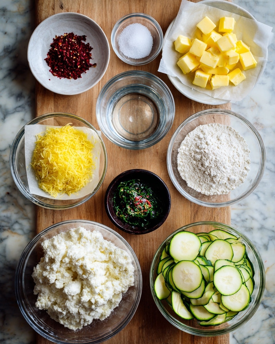 The image shows several clear glass bowls and a white paper with cubes of yellow butter on a wooden surface, all arranged neatly. From top left to bottom right, there is a small bowl with red and dark red flakes labeled Aleppo next to a small bowl of white salt; a medium bowl filled with clear cold water; a small bowl with yellow lemon zest; a large bowl filled with white ricotta cheese; a small black round container of caramelized onion jam with a red label. Below these, there is a medium bowl with finely chopped green herbs, a large bowl filled with white flour, and a large bowl with thinly sliced green zucchini with pale centers. The background is a white marbled texture. photo taken with an iphone --ar 4:5 --v 7