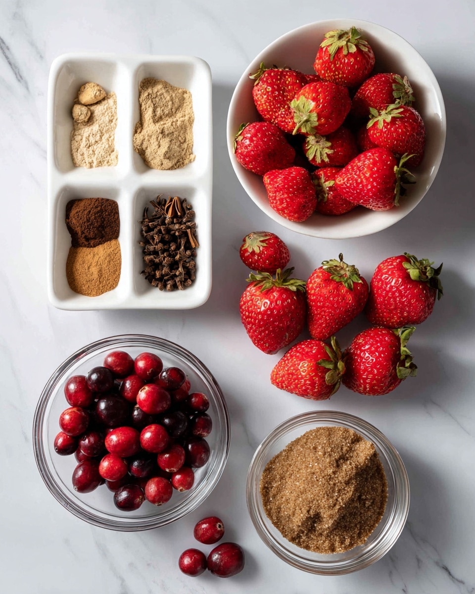The image shows various ingredients arranged on a white marbled surface. At the top left, there is a white rectangular dish divided into three parts, each holding a different spice: light beige ginger powder on the left, dark brown cloves powder in the middle, and a medium brown nutmeg powder on the right. Below and slightly left, there is a small clear round bowl filled with brown cinnamon powder. To the right, a white round bowl holds bright red strawberries, some with green tops, and below it, a clear round bowl is filled with shiny dark red cranberries with a few scattered outside the bowl. At the center bottom is a clear round bowl full of soft, rich brown sugar. The ingredients are labeled clearly with white tags. Photo taken with an iphone --ar 4:5 --v 7