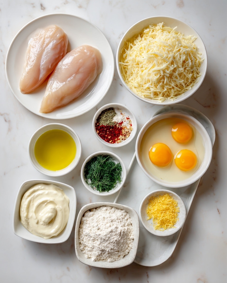 The image shows ingredients for cooking neatly arranged on a white marbled surface. On the left, two raw chicken breasts sit on a white plate with a smooth texture. Above them is a white bowl filled with shredded pale yellow cheese. To the right, a white tray holds several small white bowls: top left contains clear yellow oil, next to it a bowl with white seasoning mixed with red spices, below the oil is a small bowl with finely chopped dark green dill, beside the dill is a bowl of white flour with a slightly crumbly texture, and below the dill is a creamy white mayonnaise in another bowl. In the middle bottom is a square bowl holding two raw eggs with yellow yolks in clear egg whites. Lastly, near the eggs, a small bowl contains lemon zest, a bright yellow grated layer. All bowls have a smooth, clean look. The photo taken with an iphone --ar 4:5 --v 7