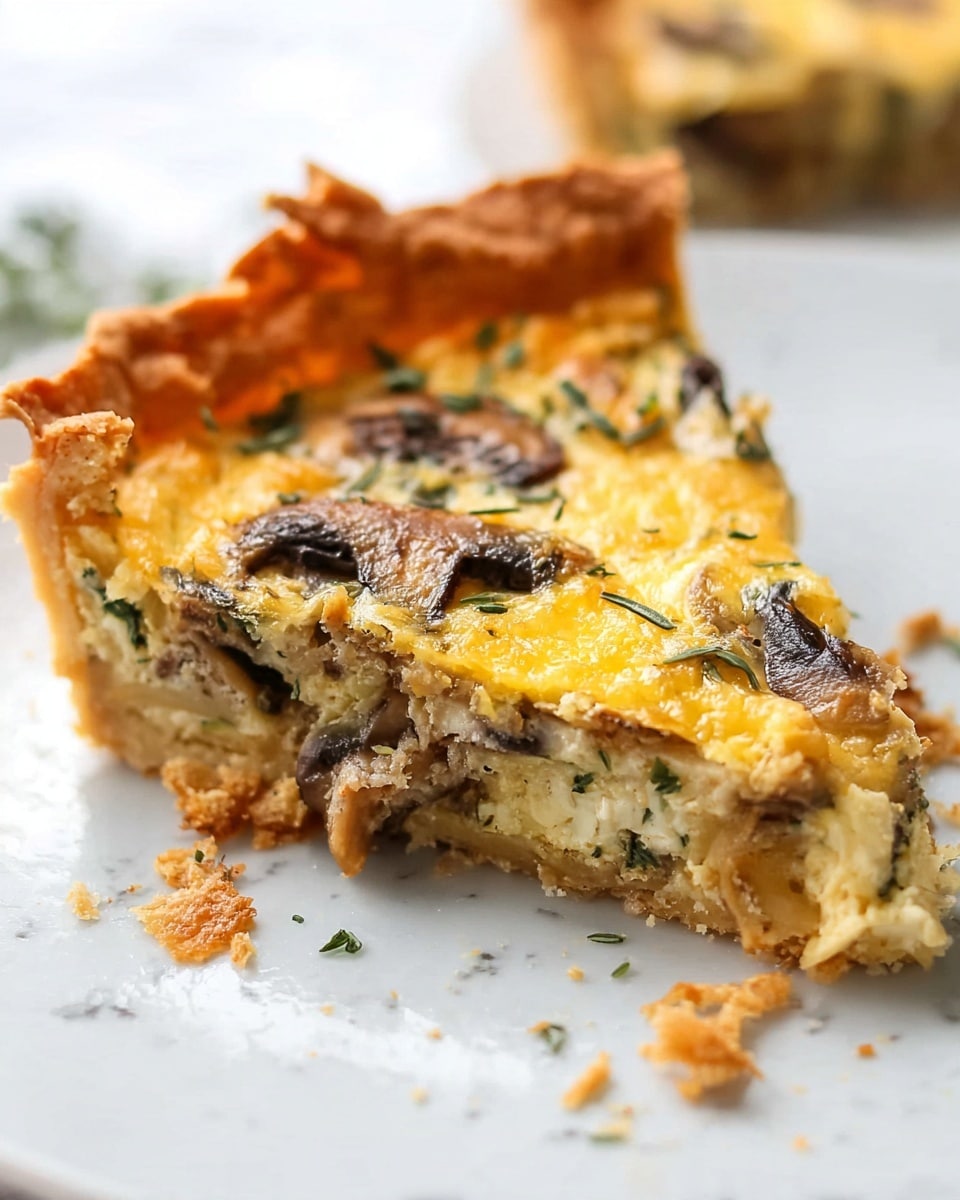A close-up of a slice of savory pie on a white marbled surface, showing three layers: a crispy, golden-brown crust at the bottom with flaky edges, a middle layer filled with cooked mushrooms and herbs mixed in a light egg base, and a top layer covered in melted golden-yellow cheese with green herb sprigs sprinkled on top. Small crumbs from the crust are scattered around the slice. Photo taken with an iphone --ar 4:5 --v 7