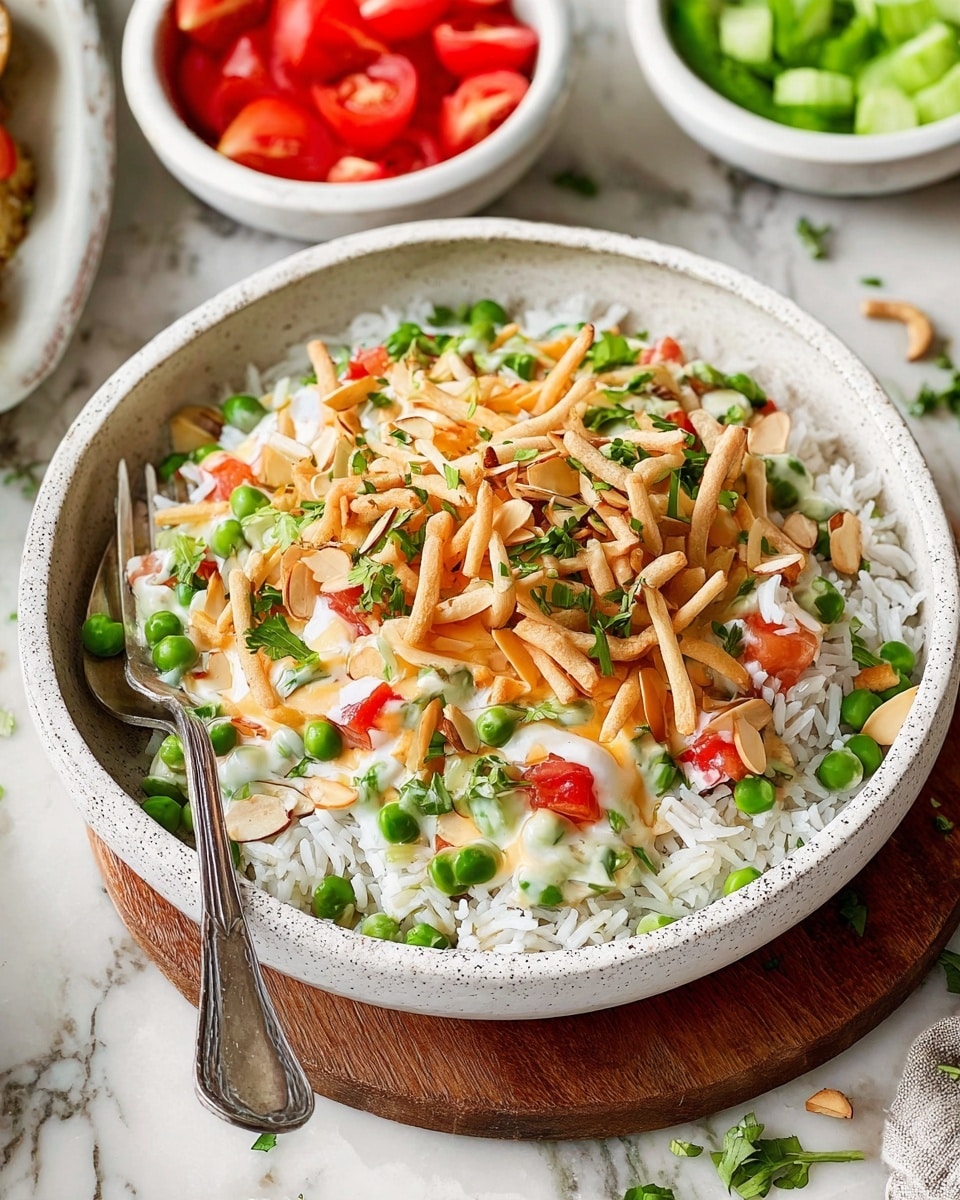 A white speckled bowl sits on a wooden board with a base layer of white rice mixed with green peas. On top, there is a creamy white sauce with green herbs, orange shredded cheese, diced red tomatoes, and chopped light green celery. The top is finished with thin, crunchy light brown sticks and sliced almonds, garnished with finely chopped green onions and dried herbs. A metal fork rests inside the bowl. In the background, there are white bowls with sliced green vegetables and diced red tomatoes on a white marbled surface. Photo taken with an iphone --ar 4:5 --v 7