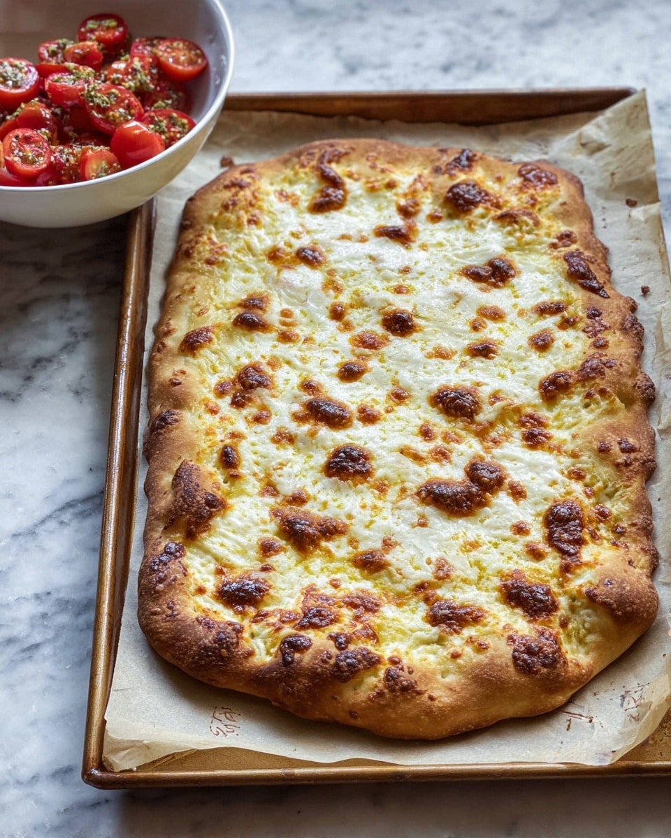 A flatbread pizza is shown on a baking tray lined with parchment paper, placed on a white marbled texture surface. The flatbread has one thick layer: the dough base is golden brown and puffed around the edges, topped with melted cheese that is white with brown spots from baking, covering the top evenly with some bubbly texture. In the upper left corner, there is a white bowl filled with halved red cherry tomatoes with some green seasoning visible. Photo taken with an iphone --ar 4:5 --v 7