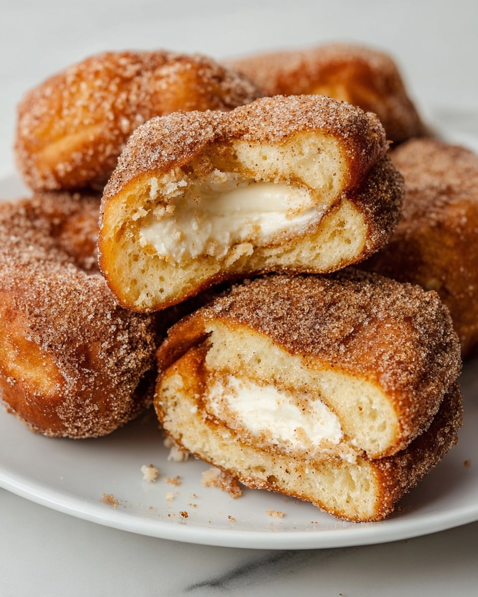 A close-up image shows several pieces of cinnamon sugar-coated fried dough on a white plate on a white marbled surface. One piece is cut in half, revealing two soft, pale yellow bread layers with a thick creamy white filling between them, lightly dusted with cinnamon sugar. The outer layer is golden to dark brown with a crisp, grainy texture from the sugar and cinnamon coating. The image captures the rough and crisp exterior contrasting with the smooth, creamy inside. photo taken with an iphone --ar 4:5 --v 7