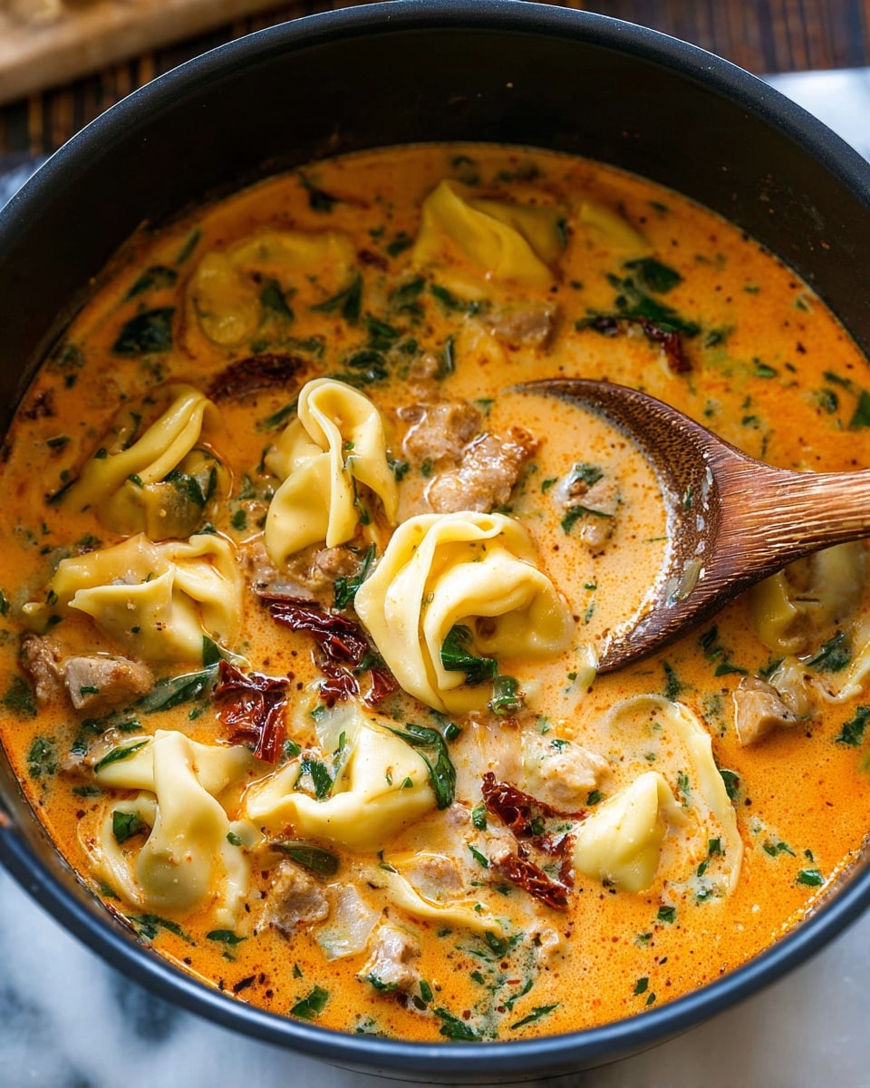 A close-up of a black pot filled with creamy orange soup showing layers of folded tortellini pasta in pale yellow, chunks of light brown cooked meat, green leafy herbs scattered throughout, and small bits of dark red sun-dried tomatoes mixed in. A wooden spoon is partially dipped in the soup on the right side, with creamy soup coating its tip. The background surface is white marble with soft grey veins. Photo taken with an iphone --ar 4:5 --v 7