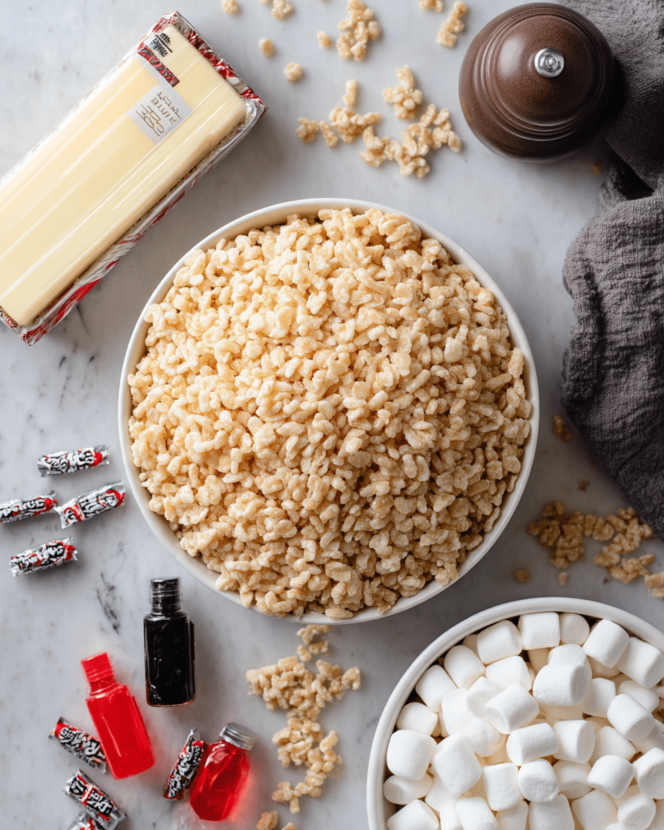 The image shows a large round white bowl filled to the top with light tan rice cereal clusters that have a rough, bumpy texture; some cereal pieces are scattered around the bowl on a white marbled surface. Next to it is a solid stick of butter with clear packaging and black text, and a dark brown sugar grinder. Below that, partially visible, is another white bowl filled with small, soft white marshmallows piled high. Wrapped Tootsie Roll candies in black, white, and red paper are scattered near the bottom left of the image, along with small bottles of red and black food coloring placed on the white marbled surface. The overall scene is bright with soft natural lighting. Photo taken with an iphone --ar 4:5 --v 7