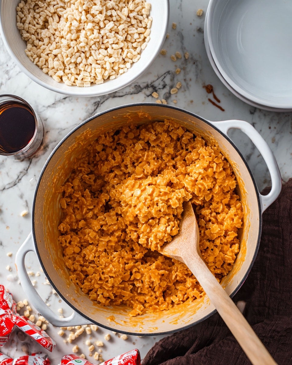 A white pot filled with a sticky orange mixture of melted candy and cereal pieces, being stirred with a wooden spoon that is lifting a clump of the mix. Above and to the top left is a white bowl filled with plain, light beige cereal pieces. On the right side, there is an empty white plate and a dark brown liquid-filled glass nearby. The whole scene rests on a white marbled surface with some scattered cereal pieces and a dark brown cloth with red and white wrapped candies near the bottom. Photo taken with an iphone --ar 4:5 --v 7