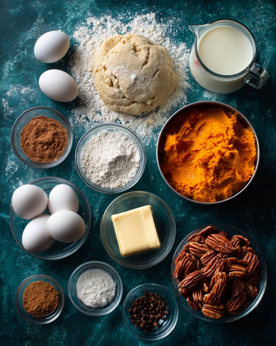 The image shows several baking ingredients arranged on a dark green surface with a white marbled texture. At the top center, there is a round pile of pale beige pie dough. To the right, a glass measuring cup contains white whole milk. Below the milk, a metal can of bright orange pumpkin puree is placed. To the far right, a transparent glass bowl holds brown pecans. In the middle left area, three white eggs are clustered together. Above them, a small clear bowl with white all-purpose flour sits. Near the eggs, two small glass bowls hold brown sugar in powdered and clumped forms. Below these, a square chunk of pale yellow butter is in a glass bowl. Lastly, a small glass bowl near the bottom center has dark brown cinnamon, ginger, cloves, and white salt powders mixed together. The lighting highlights the textures clearly. photo taken with an iphone --ar 4:5 --v 7