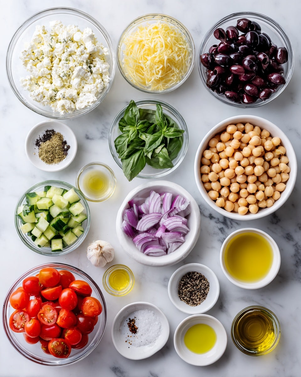 The image shows small white bowls and clear glass bowls on a white marbled surface, each filled with different fresh ingredients arranged neatly. From the top, there is a glass bowl with crumbled cheese, a white bowl with pale yellow uncooked orzo pasta, a glass bowl with dark purple sliced olives, a large white bowl filled with beige chickpeas, and a white bowl with bright red halved cherry tomatoes. Next, a glass bowl holds chopped green cucumbers, a glass bowl with thinly sliced purple onions, and a small white bowl containing fresh green basil leaves. Below these are various small white bowls filled with light yellow olive oil, pale yellow lemon juice, a small clove of garlic, dark red vinegar, black pepper, dried oregano, mustard seeds, and salt. The image is bright with clear light, and the bowls are spaced evenly. Photo taken with an iphone --ar 4:5 --v 7