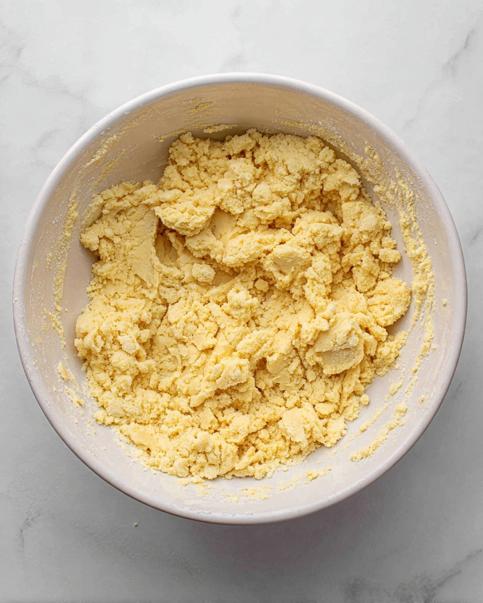 A white bowl filled with a crumbly, pale yellow dough mixture that looks coarse and uneven in texture, sitting on a white marbled surface. The dough covers the bottom and reaches about halfway up the sides of the bowl, with some small clumps and fine crumbs spread throughout. The bowl's inside edge has a few smudges of the dough. photo taken with an iphone --ar 4:5 --v 7