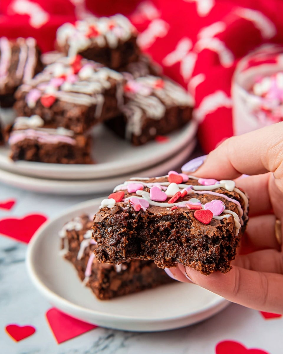 A woman's hand is holding a partially eaten chocolate brownie with a rich, dark brown color and a moist texture visible inside. The brownie is decorated with light pink and white drizzle on top, along with red, white, and pink heart-shaped and round sprinkles. In the background, there are piles of similar brownies, all topped with the same pink and white drizzle and colorful sprinkles, placed on white plates. The setting uses a white marbled surface with a red cloth featuring white heart patterns and small paper red hearts scattered around, giving a festive and cozy feel. Photo taken with an iphone --ar 4:5 --v 7