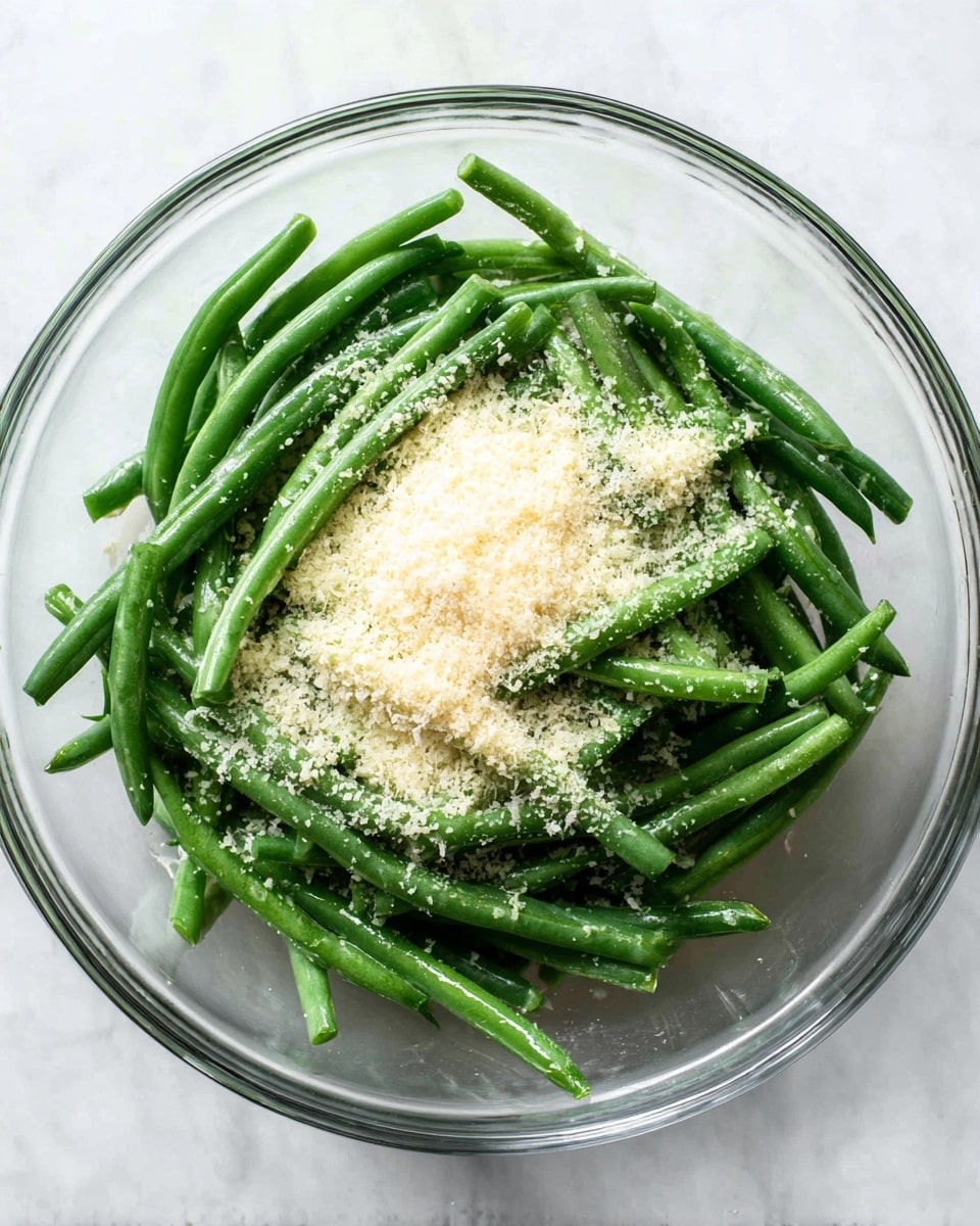 A clear glass bowl sits on a white marbled surface holding a single layer of bright green, fresh green beans that are whole and uncut. On top of the beans, there is a scatter of fine, pale yellow grated cheese, mostly concentrated in one spot but also spread lightly across the beans. The beans have a shiny, fresh texture under the soft natural light. Photo taken with an iphone --ar 4:5 --v 7