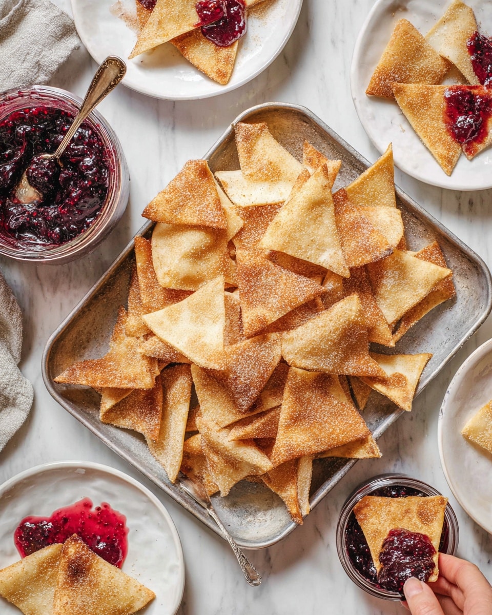 A metal tray on a white marbled surface holds a large pile of golden-brown triangular chips, lightly dusted with sugar and cinnamon, showing a crispy texture. To the left on the tray is a small glass jar filled with deep purple berry jam, with a silver spoon inside it. Around the tray, there are three white plates, each with a few pieces of the same chips, topped with either red or purple berry jam, some jam spilling over the edges. One plate has a silver spoon resting in the jam. A woman's hand is reaching from the bottom right, holding an edge of one chip dipped in dark purple jam. Photo taken with an iphone --ar 4:5 --v 7