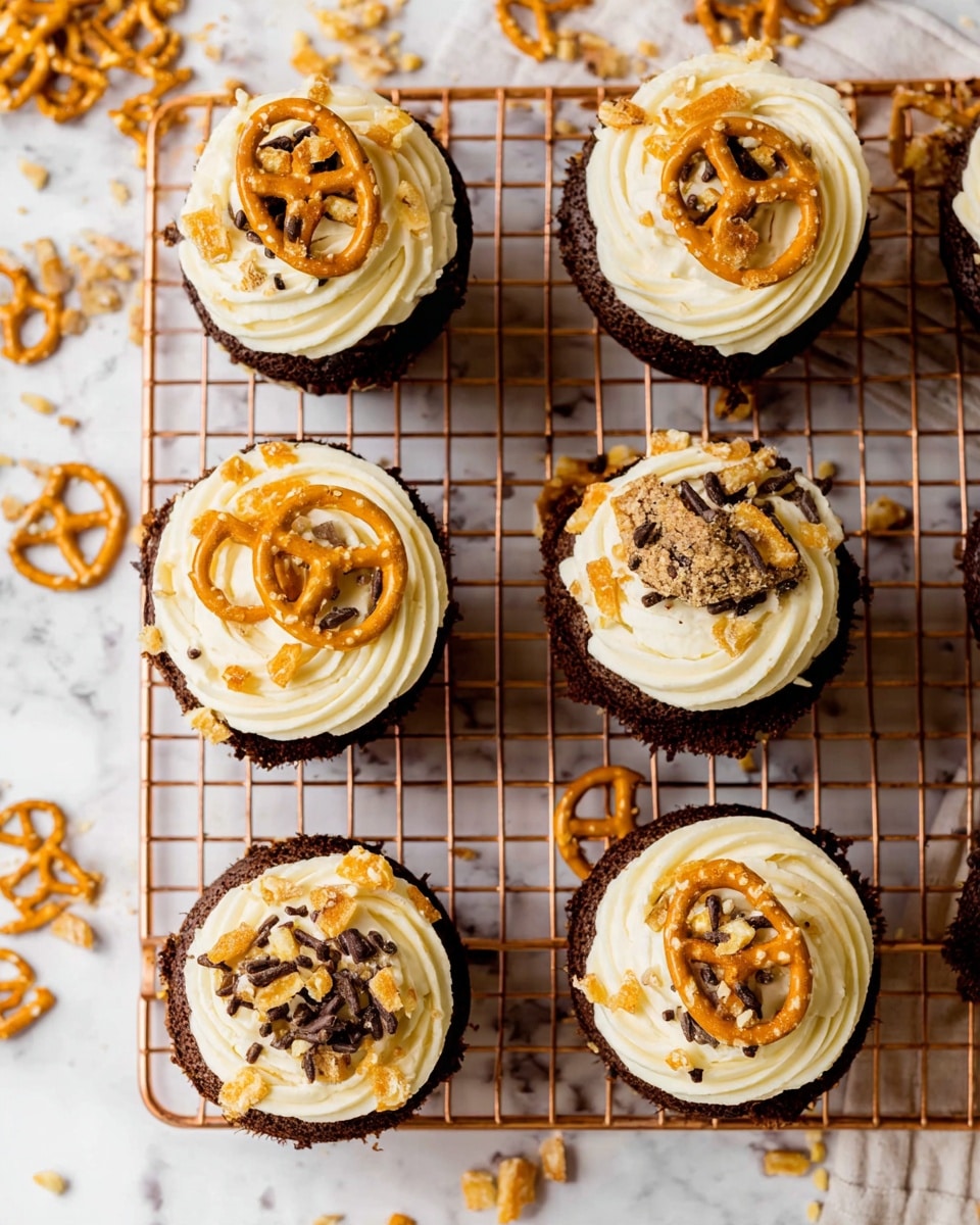 A dark chocolate cupcake is the base layer, wrapped in a black and white paper liner. On top is a thick, smooth layer of light cream-colored frosting, fluffy in texture. The frosting is decorated with small crunchy brown pretzels placed across the top, plus tiny dark chocolate chips and small crushed nut pieces scattered around. At the back, some light golden crunchy potato chips are slightly visible sticking out of the frosting. The cupcake sits on a golden wire rack with a white marbled background blurred behind it. photo taken with an iphone --ar 4:5 --v 7