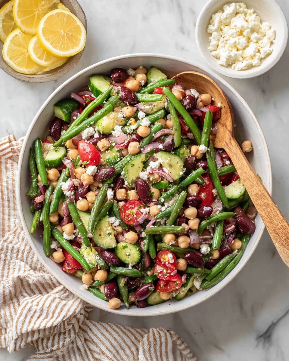 A bowl filled with a colorful salad showing many layers mixed together: bright green long beans, dark red kidney beans, light beige chickpeas, small chunks of red cherry tomatoes, pale green cucumber pieces, slices of dark purple olives, and crumbled white cheese spread evenly on top. The salad sits inside a white bowl placed on a white marbled surface, next to a wooden spoon with a light brown handle inside the bowl. Nearby are two small white bowls, one with white crumbly cheese and one with lemon wedges. A beige and white striped cloth lies beside the bowls. The photo taken with an iphone --ar 4:5 --v 7
