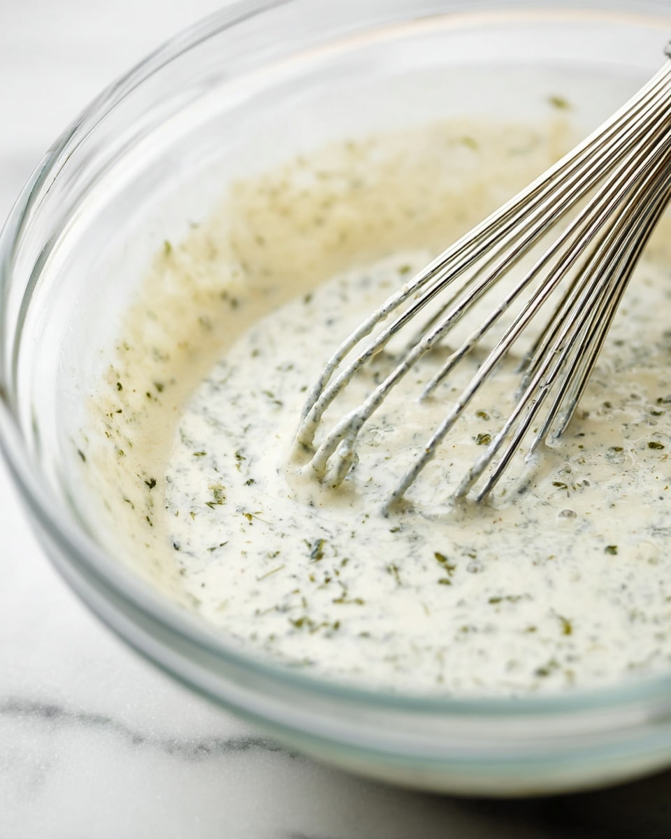 A clear glass bowl rests on a white marbled surface, filled with a creamy mixture that is pale off-white with small green herb bits spread throughout. A silver metal whisk with thin wires is partially dipped into the mixture, coated with the creamy texture that has small bubbles and a smooth finish. The focus is on the bowl’s edge and the whisk’s wires, showing the texture of the sauce and specks of herbs clearly, while the background is softly blurred. photo taken with an iphone --ar 4:5 --v 7