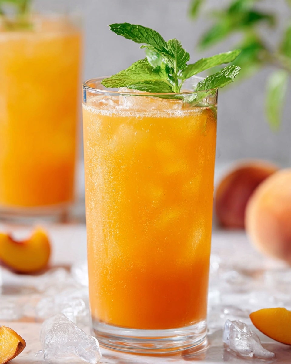 A tall clear glass filled with a yellow-orange drink layered with translucent ice cubes, topped with a small green mint sprig in the center, placed on a white marbled surface. In the blurred background, there are sliced peaches and a white glass bottle with some orange liquid. A silver spoon and scattered ice cubes with a small green leaf add detail to the scene. Photo taken with an iphone --ar 4:5 --v 7