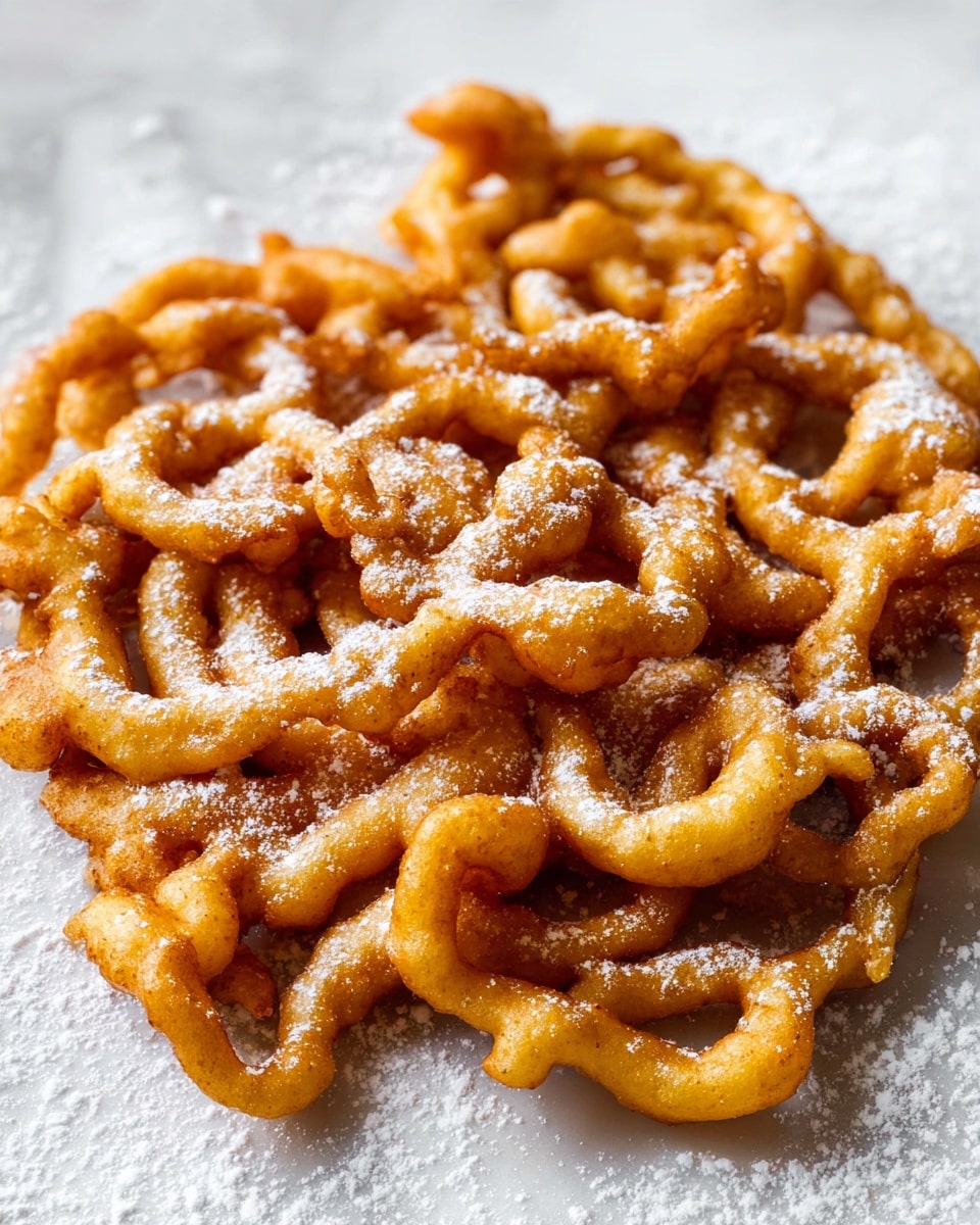 A close-up view of a single golden brown funnel cake resting on a white marbled surface lightly dusted with powdered sugar. The cake is made of irregular, intertwined loops and thick strands of fried dough with a textured, crispy surface, showing a mix of smooth and slightly bumpy parts. The golden color varies slightly, highlighting the areas where the cake is more cooked to a deeper brown. photo taken with an iphone --ar 4:5 --v 7