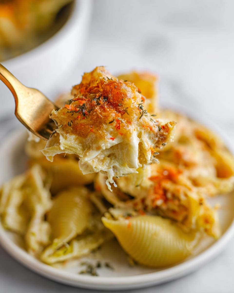 A close-up of a golden fork holding a cheesy, creamy shell pasta piece with a crispy, slightly browned topping showing hints of red seasoning and herbs. The pasta is layered with melted cheese and a soft, creamy filling, visible in the layers of the shell. The dish is served on a white plate with more cheesy, creamy pasta pieces inside, resting on a white marbled surface. Photo taken with an iphone --ar 4:5 --v 7