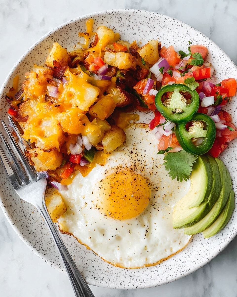 A white speckled plate on a white marbled surface holding a breakfast meal with three main parts: on the left side, a heap of golden brown potato cubes mixed with red and green bell peppers and red onion pieces, all topped with melted cheddar cheese; on the right bottom, a sunny-side-up egg with a slightly crispy, lightly browned edge and black pepper sprinkled on top; on the right upper side, a fresh mix of red diced tomato, white and purple onion bits, green chopped cilantro, two green jalapeño slices, and a light green slice of avocado next to the egg. A fork with a white handle and metal head rests on the plate edge next to the egg. Photo taken with an iphone --ar 4:5 --v 7