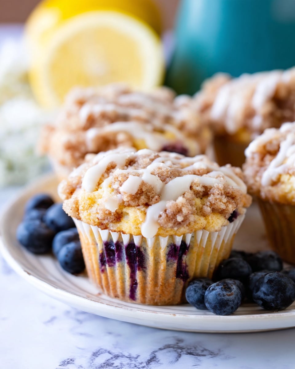 The image shows a close-up view of muffins with three main layers: the bottom is golden-brown muffin base with hints of purple blueberry inside, the middle is a soft light beige muffin top, and the top layer is crumbly light brown streusel with a drizzle of white icing. The muffins are in white paper liners and placed on a white plate with a soft blue tint, surrounded by fresh blueberries on a white marbled surface. In the background, there is a blurred light yellow lemon slice adding soft color contrast. Photo taken with an iphone --ar 4:5 --v 7