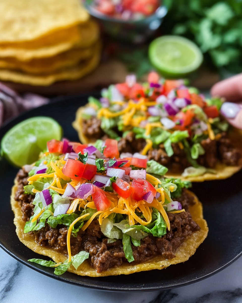 The image shows two crispy tostadas on a dark plate placed on a white marbled surface. Each tostada has three main layers: a golden, crunchy tortilla base, a thick spread of ground beef on top, then a fresh layer of diced red tomatoes, chopped red onions, and green lettuce. The final layer is bright orange shredded cheddar cheese sprinkled over the vegetables. In the background, there is a stack of round, golden, crispy tortillas and a lime wedge. A woman's hand is holding a tostada slightly to the left. The whole scene has a fresh and colorful look with sharp details. Photo taken with an iphone --ar 4:5 --v 7